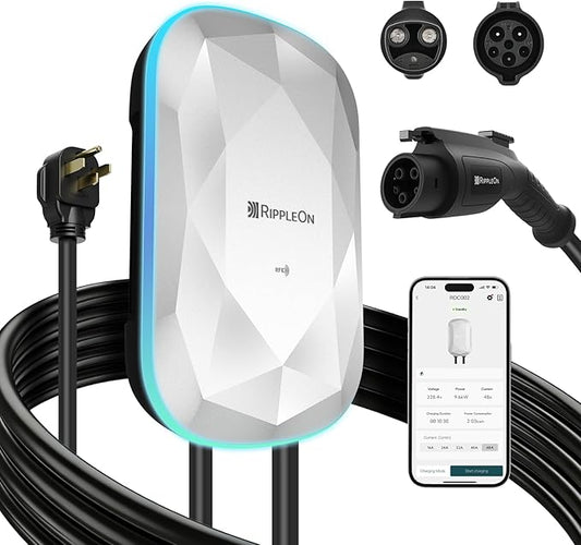 RIPPLEON Level 2 EV Charger - Dual Plug Type Universal Wall Connector Nema Plug-in - Compatible for All North American EVs - 48Amps 240V Tesla Wall Charger, UL, FCC, Energy Star Certified Grey