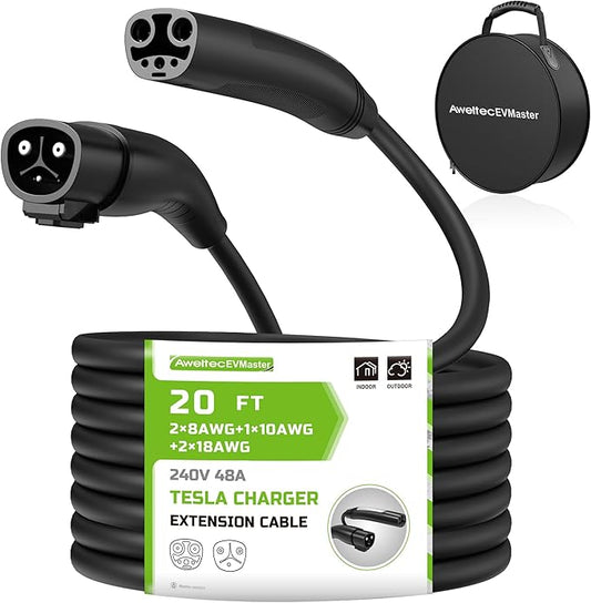 EV Tesla Charger Extension Cable, 20ft 48Amp 240Volt Max 11.5kW with NACS Plug, Extension Cord for Level 1/2 Tesla Mobile Charger/Wall Connector, Extension Cord for Model X/Y/3/S