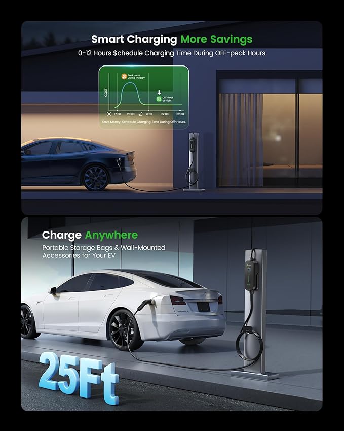32A Level 2 Tesla Charger, [1.8″ Led Screen, 10-32A Adjustable Current, Timing Delay, Ip67/Ip65] 25ft Tesla Mobile or Home Wall Charger, 240V Nema 14-50 Plug, Wall Mount, Connector for Model X/Y/3/S