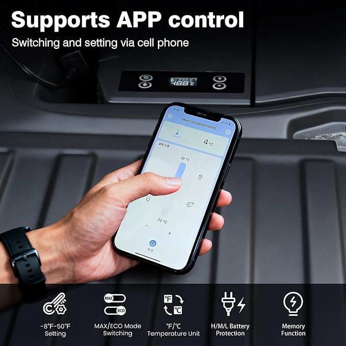 Built-in Car Refrigerator Compatible with Tesla Cybertruck, 26.4Qt/25L Custom-fit Trunk Freezer, APP Control, 12/24V Low-Noise Compressor Cooler, Hidden Electric Fridge for Camping & Road Trips