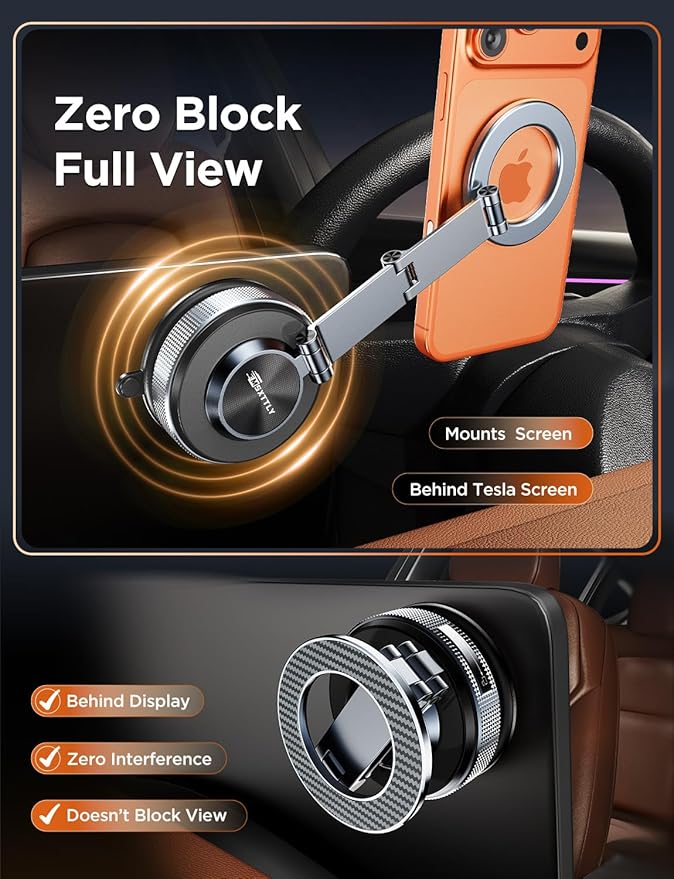 Car Phone Holder 360° Adjustable Tesla Magnetic Phone Mount Foldable Car Mount 2026 Zinc-Alloy Magsafe Phone Holders for Your Car for iPhone 17 Pro Max 16 15 14 13 12 Plus,Carbon Fiber