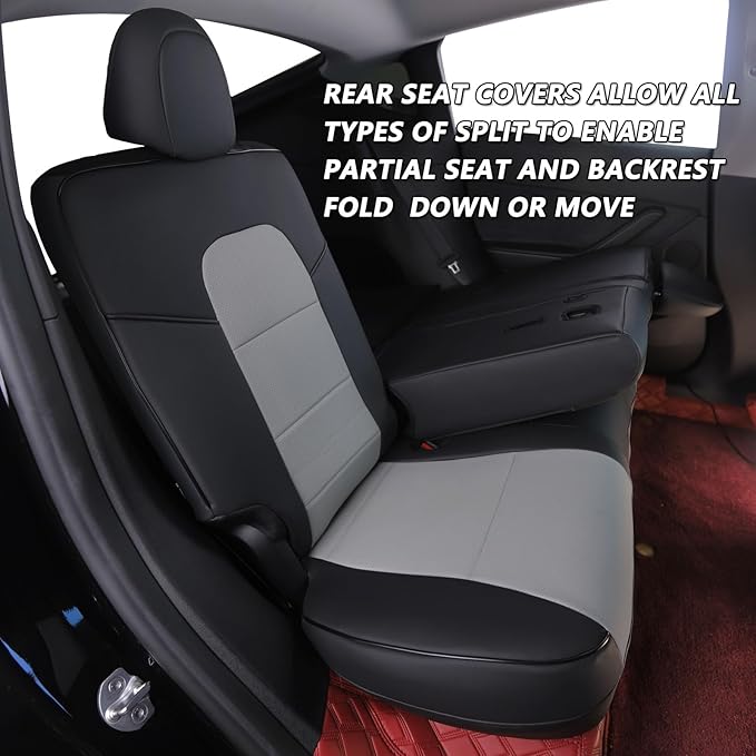 HKZ Custom Fit Model Y Leather Seat Covers for Tesla Model Y 2019 2020 2021 2022 2023 2024,5-Seat Full Set,Car Seat Protector - Black+Grey