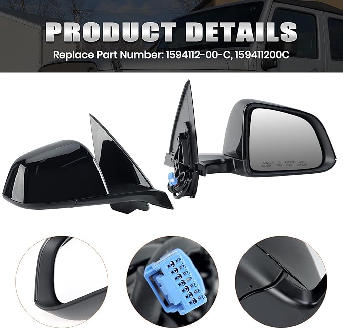 Right Passenger Side Mirror Compatible with Tesla Model Y 2020-2024 Replacement 1594112-00-C 159411200C Power Heated Memory 13 Pins (Black)
