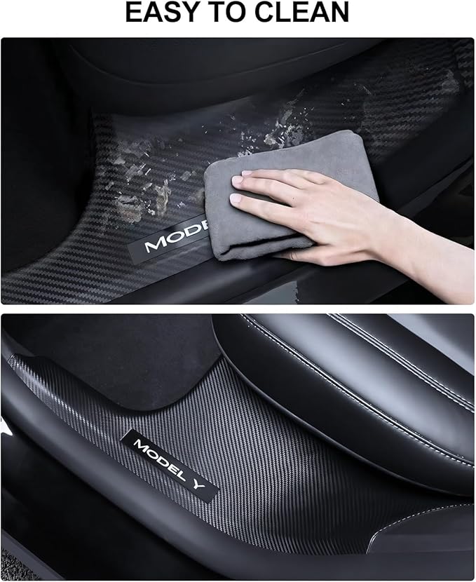 10PCS for Tesla Door Sill Protector Model Y Juniper Interior Accessories 2025-2026 Carbon Fiber Door Pedal Kick Protection Strip Guards Plate Cover ABS Front Rear Door Sill Scuff Edge Entry