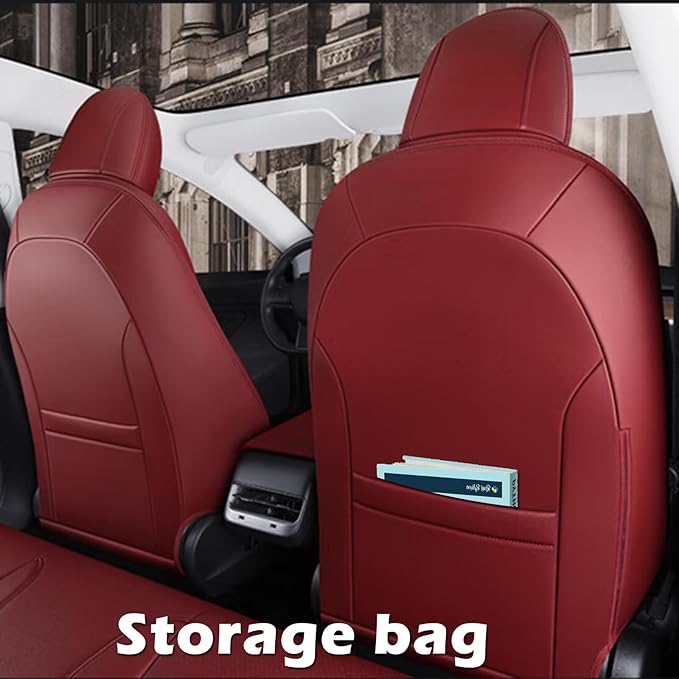 HKZ Custom Fit Model Y Leather Seat Covers for Tesla Model Y 2019 2020 2021 2022 2023 2024,5-Seat Full Set,Car Seat Protector - Burgundy