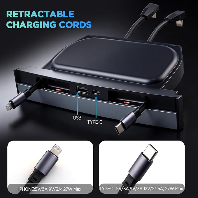 Waterproof USB Hub for Tesla Model 3 and Model Y - 2023/2022/2021 Dock with 4-Port Retractable Charging Cable Supporting Fast Charging (not Compatible with 2024 Model 3)
