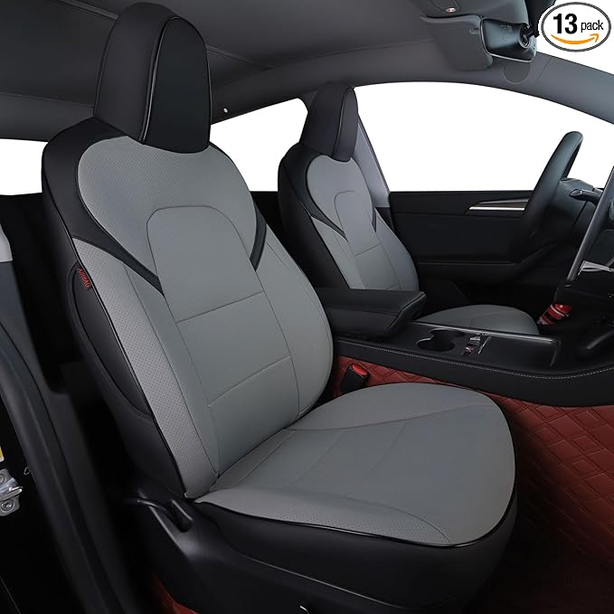 HKZ Custom Fit Model Y Leather Seat Covers for Tesla Model Y 2019 2020 2021 2022 2023 2024,5-Seat Full Set,Car Seat Protector - Black+Grey