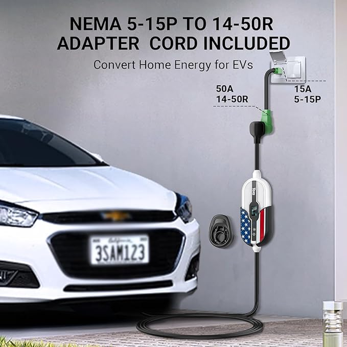 Tera Electric Vehicle Charger for Tesla: Level 1 & 2 J1772 EV Portable 32A 8A 110V 240V Wall Connector Dual Use ETL NEMA 14-50 & 5-15 Wi-Fi Enabled 25FT Cable with Holder P01
