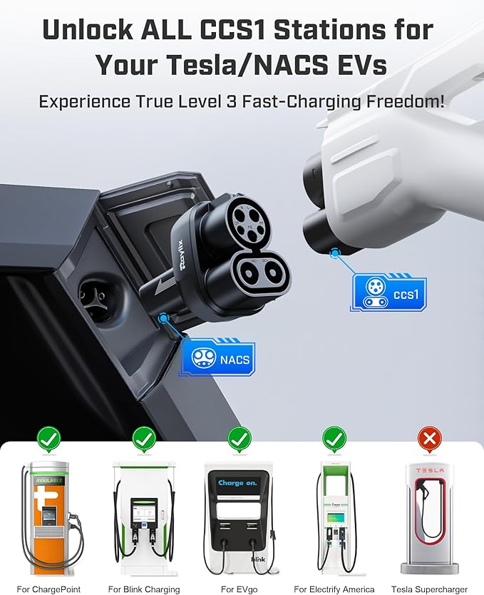 Raylix Upgraded CCS1 to Tesla Adapter, for All Tesla Models(2021-2026) & Next-Gen NACS EVs, 250kW SuperFast Charging Adapter, CCS to NACS, Only Work with DC Level 3 Charging Stations with CCS1 Plug
