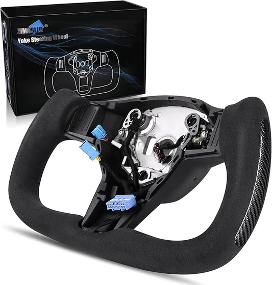 ZIMABLUE Yoke Steering Wheel Personalized Yoke Steering Wheel Suede Leather with Side Glossy Carbon Fiber without Front Trim for Tesla Model 3 2017-2023, Model Y 2019-2024 With Heating Function
