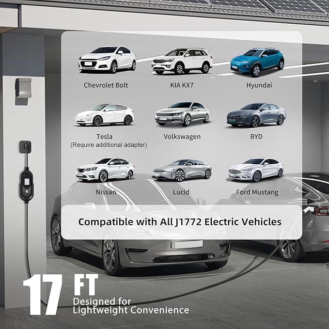 Portable EV Charger 16A Level 1&2, 110V-240V Electric Vehicle Charger with LCD Display, 17FT Cable SAE J1772 Charger for Home & Outdoor, IP54 Waterproof, 5 Year Warranty