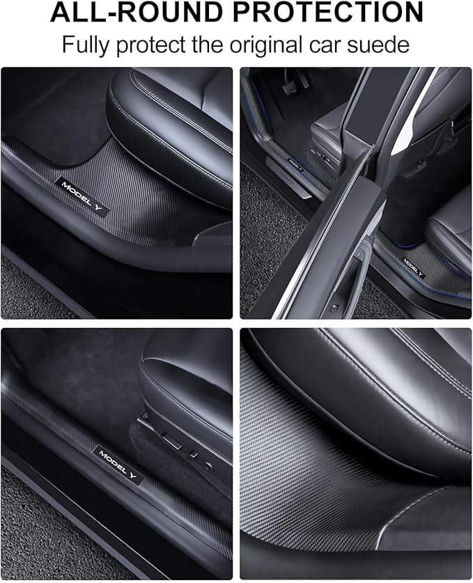 10PCS for Tesla Door Sill Protector Model Y Juniper Interior Accessories 2025-2026 Carbon Fiber Door Pedal Kick Protection Strip Guards Plate Cover ABS Front Rear Door Sill Scuff Edge Entry