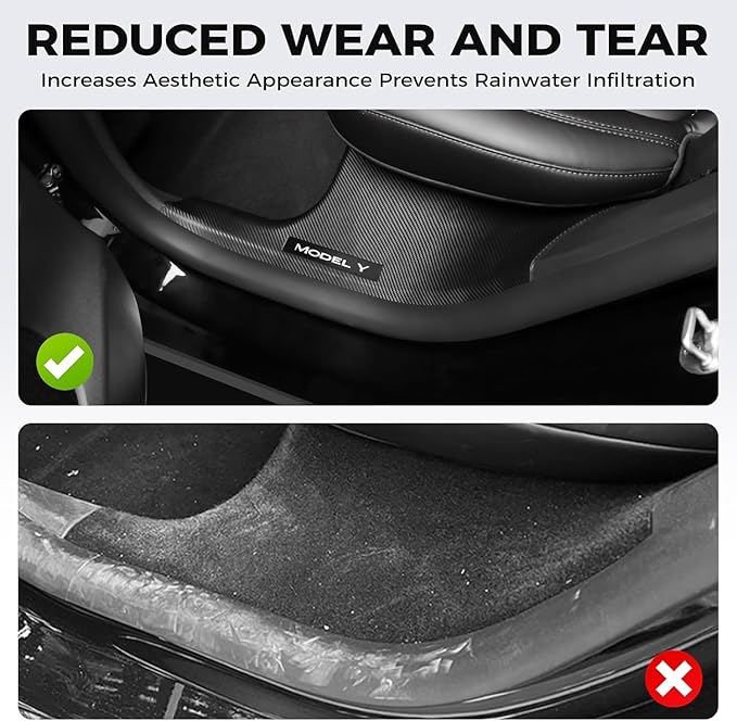 11PCS Carbon Fiber Door Sill Protector Model Y Juniper 2025 2026 8Pcs Door Sill Protector and 2Pcs Center Console Anti-Kick Pads and Rear Bumper Guard for Tesla Model Y Juniper Accessories