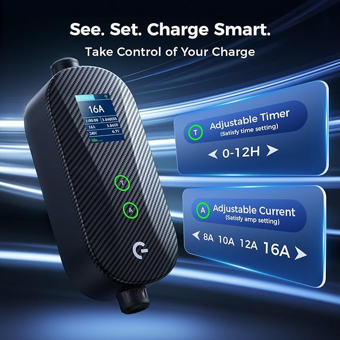 Level 1&2 Portable EV Charger, (16A/12A, 240V-110V), Adjustable Current/Timer J1772 Home Charger, NEMA 6-20 & 5-15 Plug, 21FT EV Charging Cable, J1772 Connector for SEA J1772 EVs/PHEVs