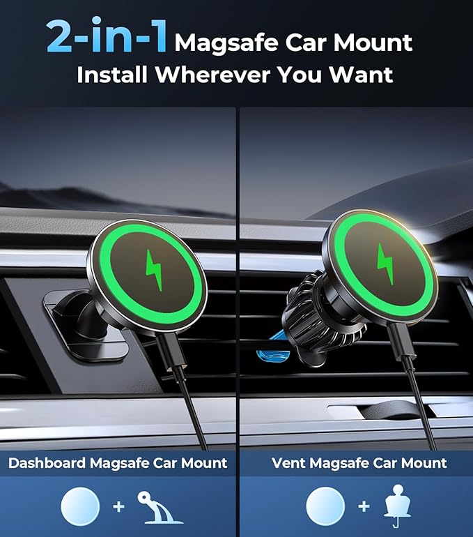 for MagSafe Car Mount Wireless Charger, 2-in-1 Dashboard and Air Vent Mount, Strong Adhesive, Heat Resistant, 360° Rotation, Magnetic Phone Holder for Your Car Accessories for iPhone 16/15 Pro Max