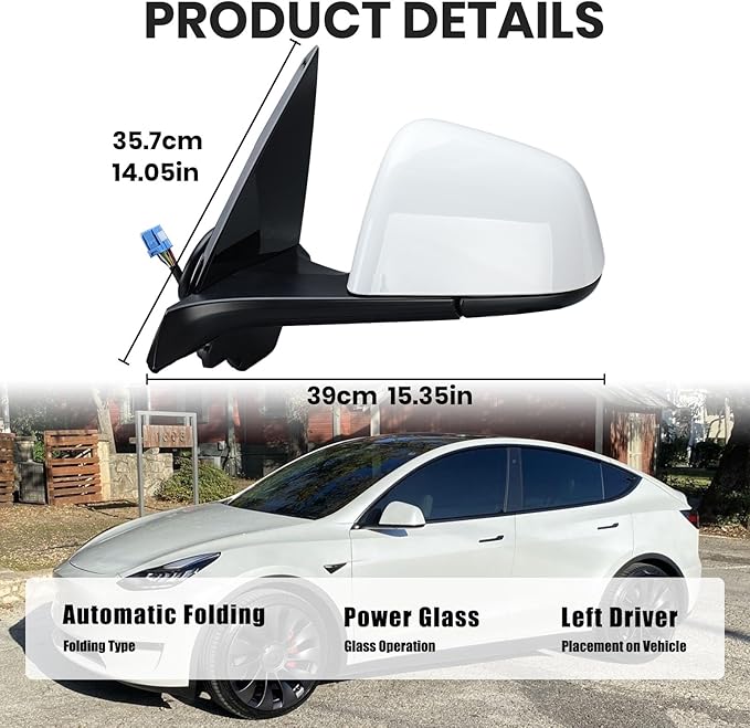 Driver Side Mirror Compatible with Tesla Model Y 2020-2024 Heated Memory Power Folding Left Mirrors Replacement 1594111-00-C White 13 Pins