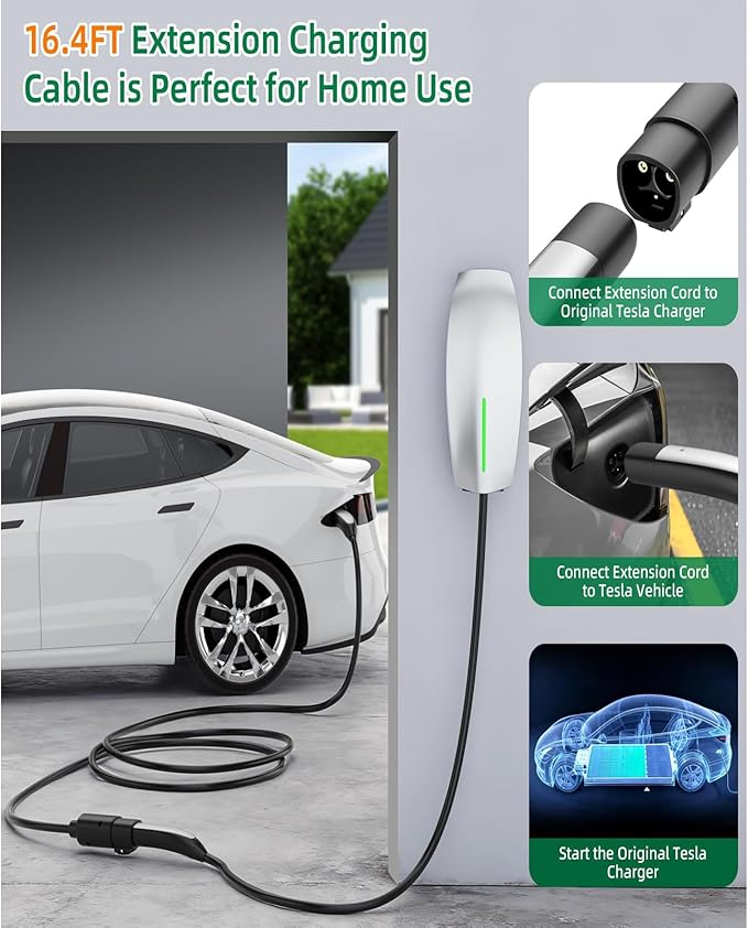 NACS EV Charging Extension Cable for Tesla, 16.4ft 240V 50A 12KW Level 1/2, Compatible with Model 3/Y/X/S, Tesla Wall Connector & Mobile Charger