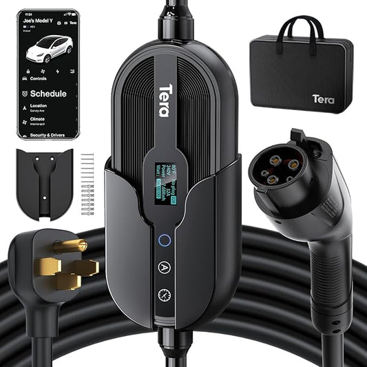 Tera Electric Vehicle Charger for Tesla: Level 1 & 2 J1772 32A 8A 110V 240V ETL Energy Star Wall Connector Dual Use EV Portable NEMA 14-50 & 5-15 Wi-Fi Enabled 25FT Cable with Holder P01