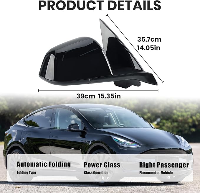 Right Passenger Side Mirror Compatible with Tesla Model Y 2020-2024 Replacement 1594112-00-C 159411200C Power Heated Memory 13 Pins (Black)
