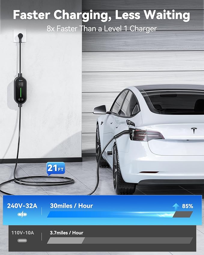 Ecogenix Level 2 Tesla Mobile Charger, 32A/240V - 7.68KW Portable Home Charging Cable for Model 3/Y/S/X, Adjustable Amps, Apartment-Friendly, 25ft Tesla Universal Wall Charger with NEMA 14-50 Plug