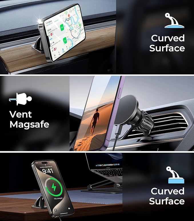 for MagSafe Car Mount Wireless Charger, 2-in-1 Dashboard and Air Vent Mount, Strong Adhesive, Heat Resistant, 360° Rotation, Magnetic Phone Holder for Your Car Accessories for iPhone 16/15 Pro Max