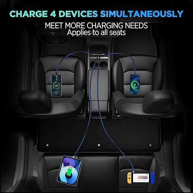 Waterproof USB Hub for Tesla Model 3 and Model Y - 2023/2022/2021 Dock with 4-Port Retractable Charging Cable Supporting Fast Charging (not Compatible with 2024 Model 3)