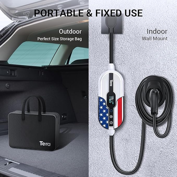 Tera Electric Vehicle Charger for Tesla: Level 1 & 2 J1772 EV Portable 32A 8A 110V 240V Wall Connector Dual Use ETL NEMA 14-50 & 5-15 Wi-Fi Enabled 25FT Cable with Holder P01