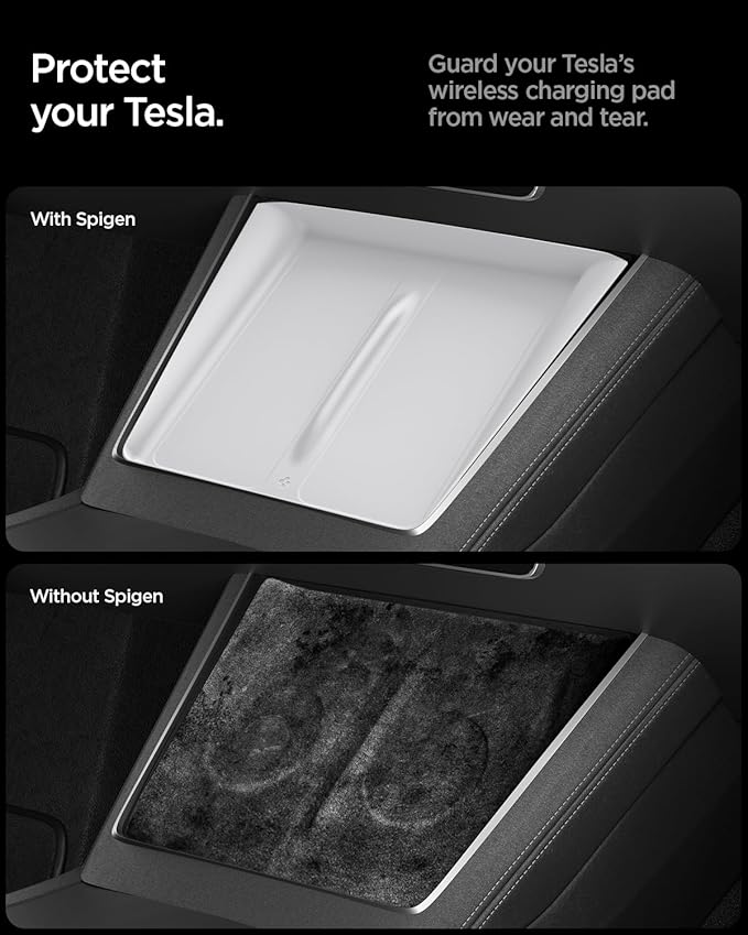 Spigen Ultra-Thin Wireless Charging Pad [Unobstructed Charging] Protective Silicone Mat Cover Accessories for 2025-2026 Tesla Model Y Juniper Premium/Performance - White