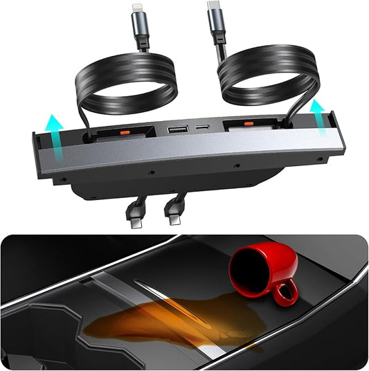 USB Hub for Tesla Model 3 Model Y Waterproof - Fast Phone Charger for Model Y/3 Accessories 2024 2023 2022 2021 Multi Port Retractable Docking Station, 100% Fit Center Console(Not Fit Model 3 2024)