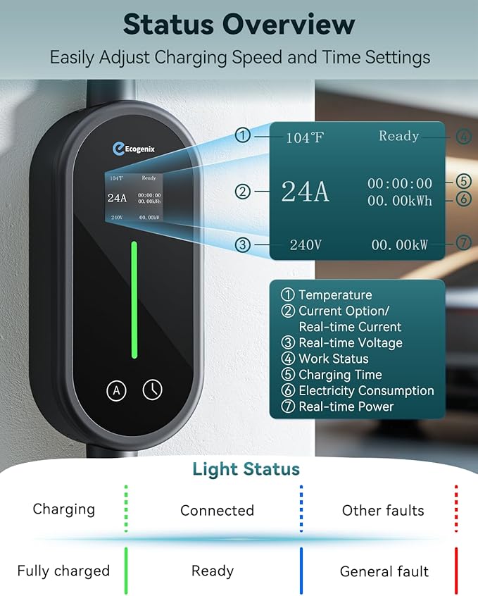 Ecogenix Level 2 Tesla Home Charger, 24A/240v Dryer Outlet Portable Mobile Charging Cable for Model 3/Y/S/X, Adjustable Amps, Apartment-Friendly, 25ft Tesla Universal Connector with NEMA 14-30 Plug