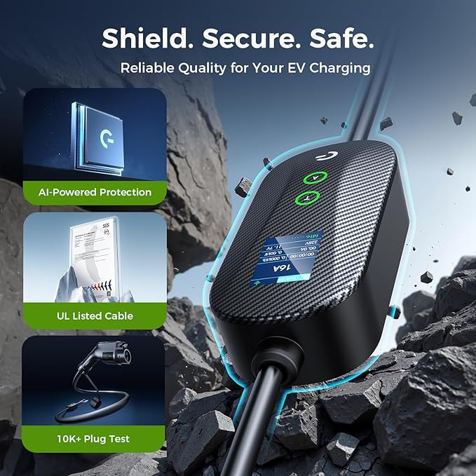 Level 1&2 Portable EV Charger, (16A/12A, 240V-110V), Adjustable Current/Timer J1772 Home Charger, NEMA 6-20 & 5-15 Plug, 21FT EV Charging Cable, J1772 Connector for SEA J1772 EVs/PHEVs