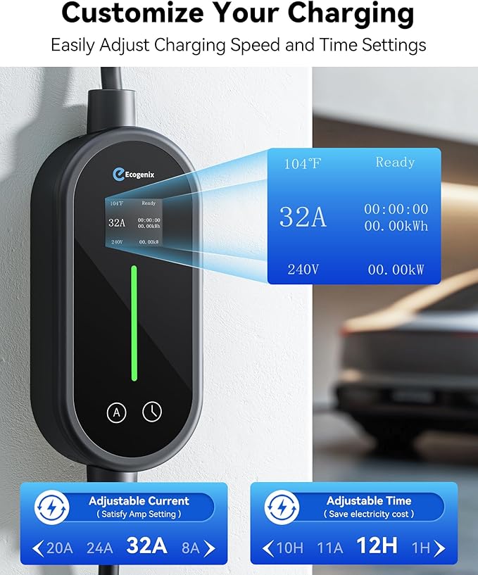 Ecogenix Level 2 Tesla Mobile Charger, 32A/240V - 7.68KW Portable Home Charging Cable for Model 3/Y/S/X, Adjustable Amps, Apartment-Friendly, 25ft Tesla Universal Wall Charger with NEMA 14-50 Plug