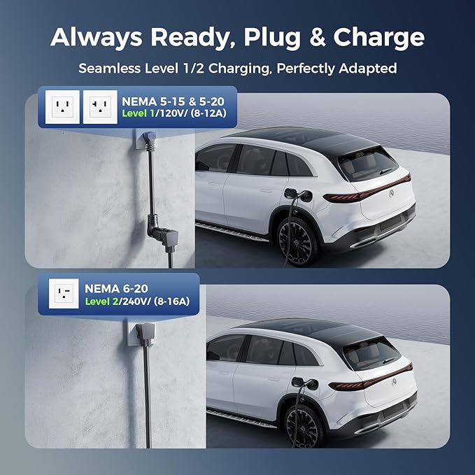 Level 1&2 Portable EV Charger, (16A/12A, 240V-110V), Adjustable Current/Timer J1772 Home Charger, NEMA 6-20 & 5-15 Plug, 21FT EV Charging Cable, J1772 Connector for SEA J1772 EVs/PHEVs
