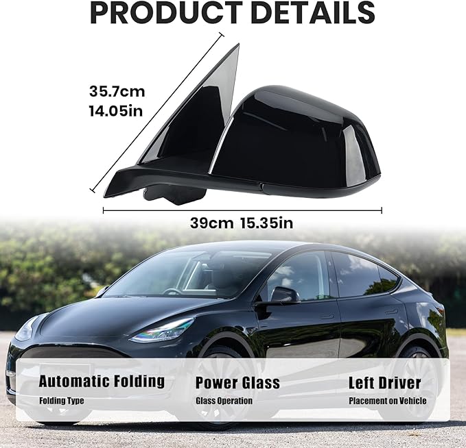 Left Driver Side Mirror Compatible with Tesla Model Y 2020-2024 Replacement 1594111-00-C 159411100C Power Heated Memory 13 Pins (Black)