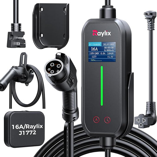 Raylix 16A Level 1&2 EV Charger with Holder, 110V-240V J1772 Charger with 21ft Cable [Adjustable Current &Delay Charging] EV Charger Level 1 with Wall Mount for All SAE J1772, Nema 6-20 & Nema 5-15