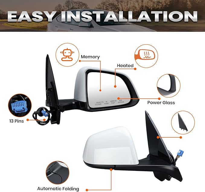 Right Passenger Side Mirror Compatible with Tesla Model Y 2020-2024 Replacement 1594112-00-C 159411200C Power Folding Heated Memory 13 Pins White