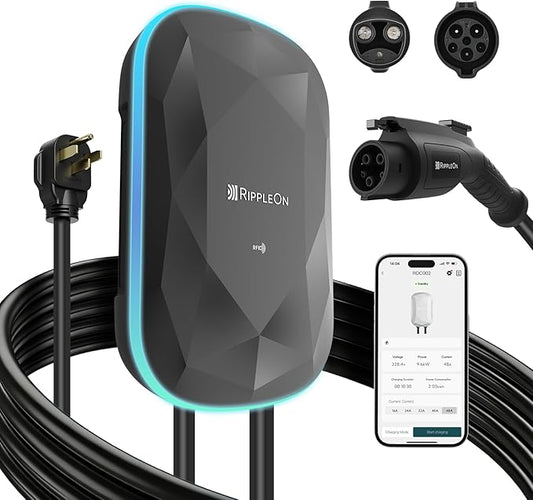 RIPPLEON Level 2 EV Charger - Dual Plug Type Universal Wall Connector Nema Plug-in - Compatible for All North American EVs - 48Amps 240V Tesla Wall Charger, UL, FCC, Energy Star Certified Black