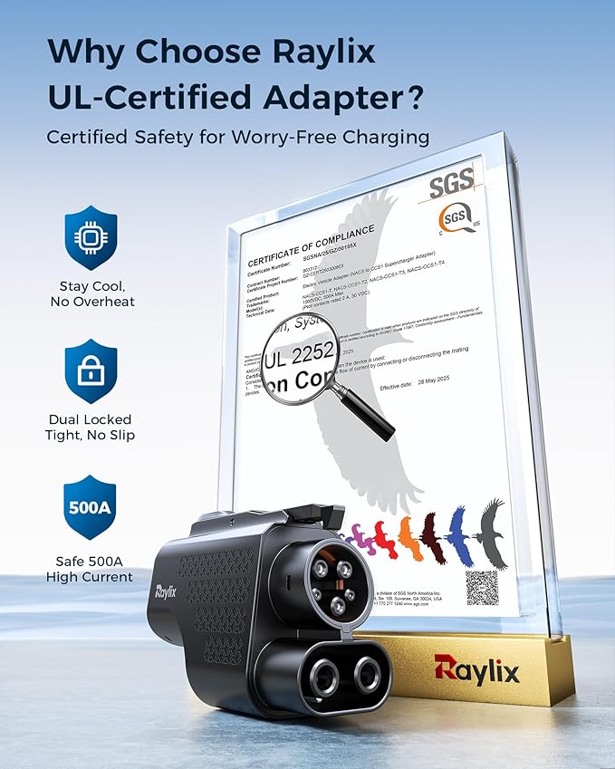 Raylix Tesla Supercharger to CCS1 Charger Adapter with UL 2252 Certification (Max 500V 1000A) [Fast Charge for CCS1 EV] NACS to CCS, NACS DC Adapter for Tesla V3 V4 Supercharger/Level 3 Charger