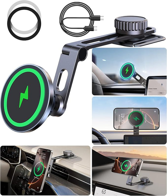 Tesla Phone Mount Charger for iPhone MagSafe 【Hidden Foldable Design】 15W Wireless Charging, Universal Car Magnetic Dashboard Phone Holder, Tesla Model 3/Y/Cybertruck Accessories
