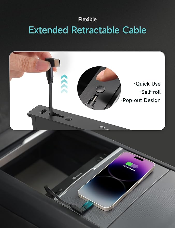 TPARTS Muti-Ports USB Hub for Tesla Model 3 Highland 2024-2026/Model Y Juniper 2025-2026, Center Console Hidden Charger with Retractable Cable Interior Accessories Charging Hub(Premium/Performance)