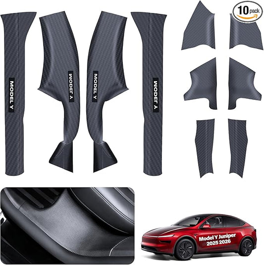 10PCS for Tesla Door Sill Protector Model Y Juniper Interior Accessories 2025-2026 Carbon Fiber Door Pedal Kick Protection Strip Guards Plate Cover ABS Front Rear Door Sill Scuff Edge Entry