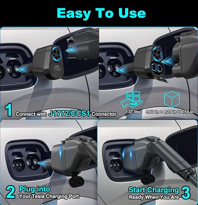 Aurisyn 2-in-1 CCS1 to Tesla & J1772 to NACS Adapter, 250kW 500V Fast Charging for Tesla Model 3/Y/X/S/Cybertruck, Compatible with ChargePoint/EVgo/Electrify America, CCS & J1772 Charging Stations