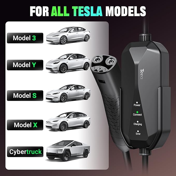 Tera 2025 New Level 2 Charger for Tesla Most Compact 32A 25FT NACS ETL FCC NEMA 14-50 Plug & NEMA 5-15 Level 1 Waterproof Patent IP66 Lightweight Portable EV Charger for Tesla Y/3/S/X Cybertruck P04
