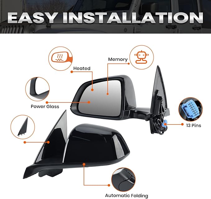 Left Driver Side Mirror Compatible with Tesla Model Y 2020-2024 Replacement 1594111-00-C 159411100C Power Heated Memory 13 Pins (Black)