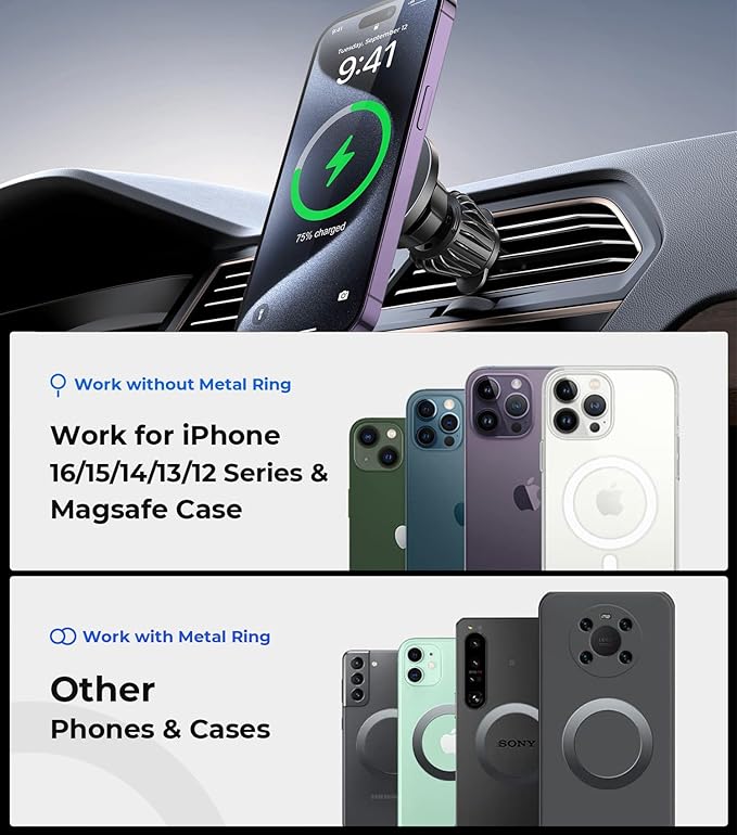 for MagSafe Car Mount Wireless Charger, 2-in-1 Dashboard and Air Vent Mount, Strong Adhesive, Heat Resistant, 360° Rotation, Magnetic Phone Holder for Your Car Accessories for iPhone 16/15 Pro Max