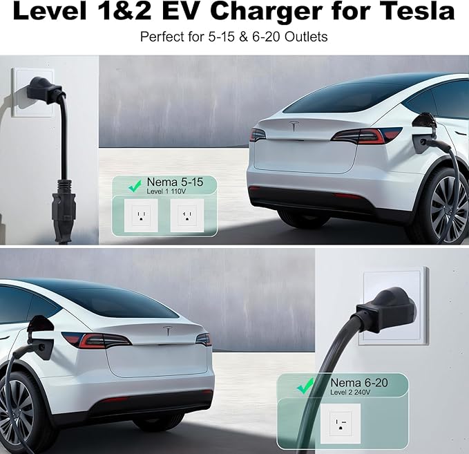 Level 1/2 Tesla Charger 16Amp, Electric Vehicle Portable Charger with 20FT Cable, 3.5KW Home EV Charging Station for Tesla Models Y/X/3/S,110V-240V, NEMA 6-20 & NEMA 5-15 Plug