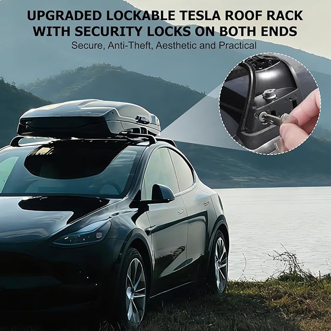 Frani Roof Rack for Tesla Model Y 2020-2027 - Lockable Aerodynamic Aluminum Cross Bars, Easy No-Drill Installation, Anti-Theft Locks Included