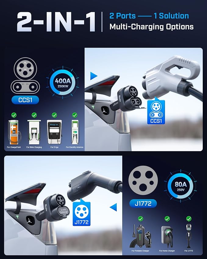 Raylix 2In1 CCS & J1772 to Tesla Adapter, Only Fit for Tesla Model Y 3 X S (2021-2026) & NACS EVs, Fast 250kW Charging, CCS to NACS Adapter, Compatible with DC Level 3 & AC Level 1/2 Charging Stations