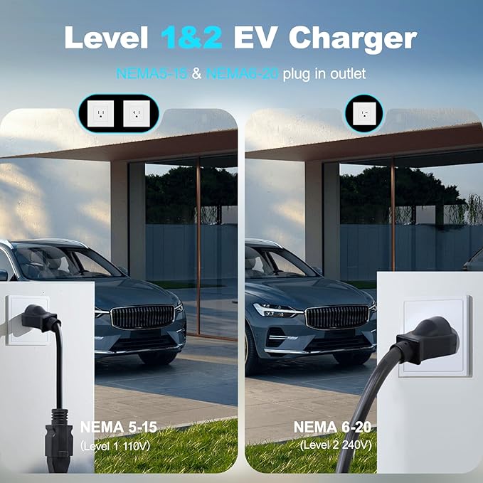 Level 1&2 EV Charger 2026 Upgraded 16A 3.5KW - 20FT Cable & Dual NEMA Adapter (5-15/6-20) - 110V-240V Portable Electric Car Charger for All SAE J1772 EVs