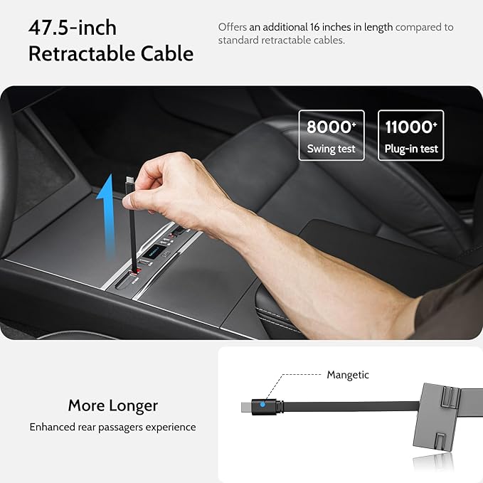 125W Max Retractable USB Hub, Tesla New Model Y Juniper (2026/2025) Accessories, Super Fast Charger Up 65W for MacBook Pro/Air/iPhone 16/15/Samsung Series, 5 in 1 Docking Station